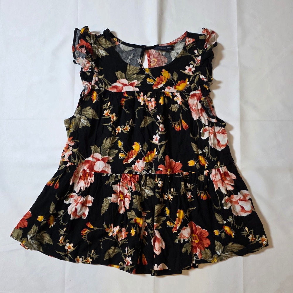 American Eagle Floral Babydoll Top Black‎ Ruffle Sleeve Peplum Blouse XS